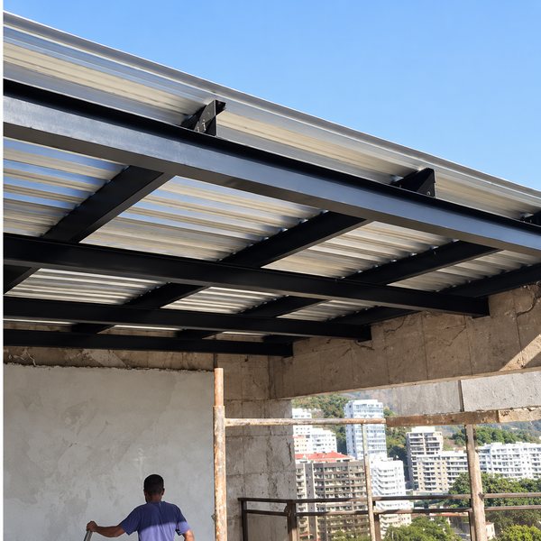Cobertura de estrutura metálica com telha, vista de baixo, com prédios ao fundo