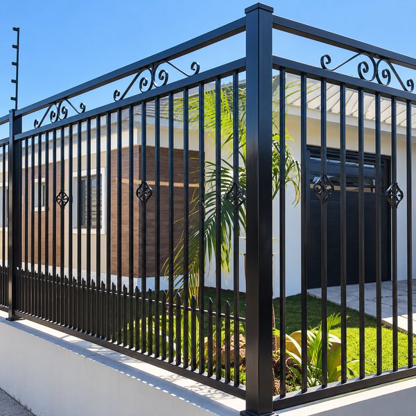 Gradil de ferro com acabamento trabalhado no topo, fechando a frente de uma casa