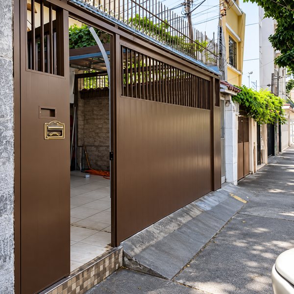 Portão de garagem de alumínio instalado na calçada de uma rua do Rio de Janeiro